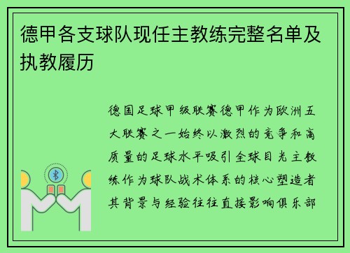 德甲各支球队现任主教练完整名单及执教履历