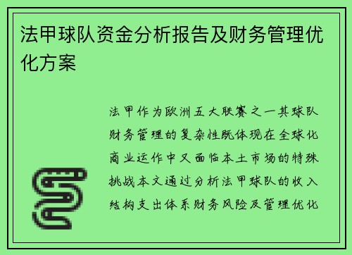 法甲球队资金分析报告及财务管理优化方案